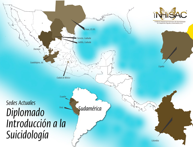 Mapa de sedes actuales de diplomado introduccion a la suicidologia.