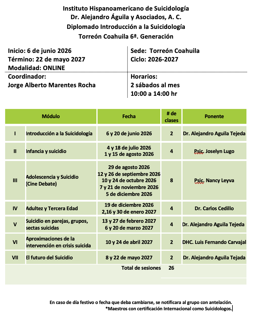Cronograma Diplomado Introduccion a la Suicidologia Sede Torreon