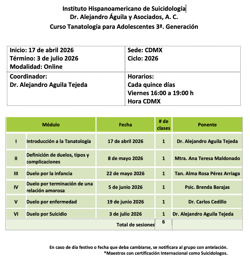 Cronograma Curso Tanatología para Adolescentes Sede CDMX