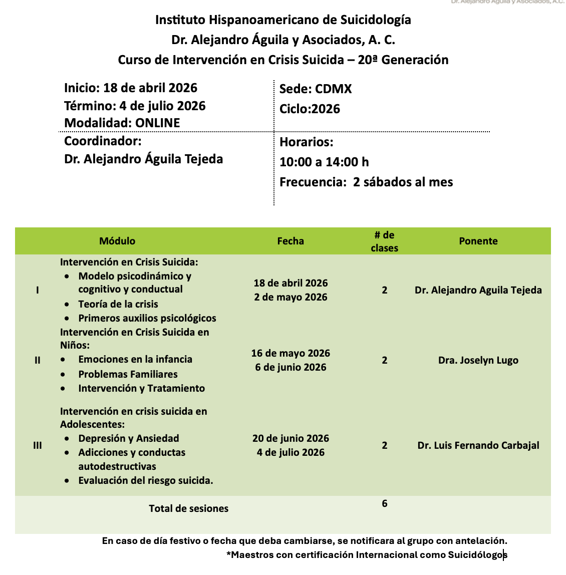 Cronograma Curso de Intervención en Crisis Suicida