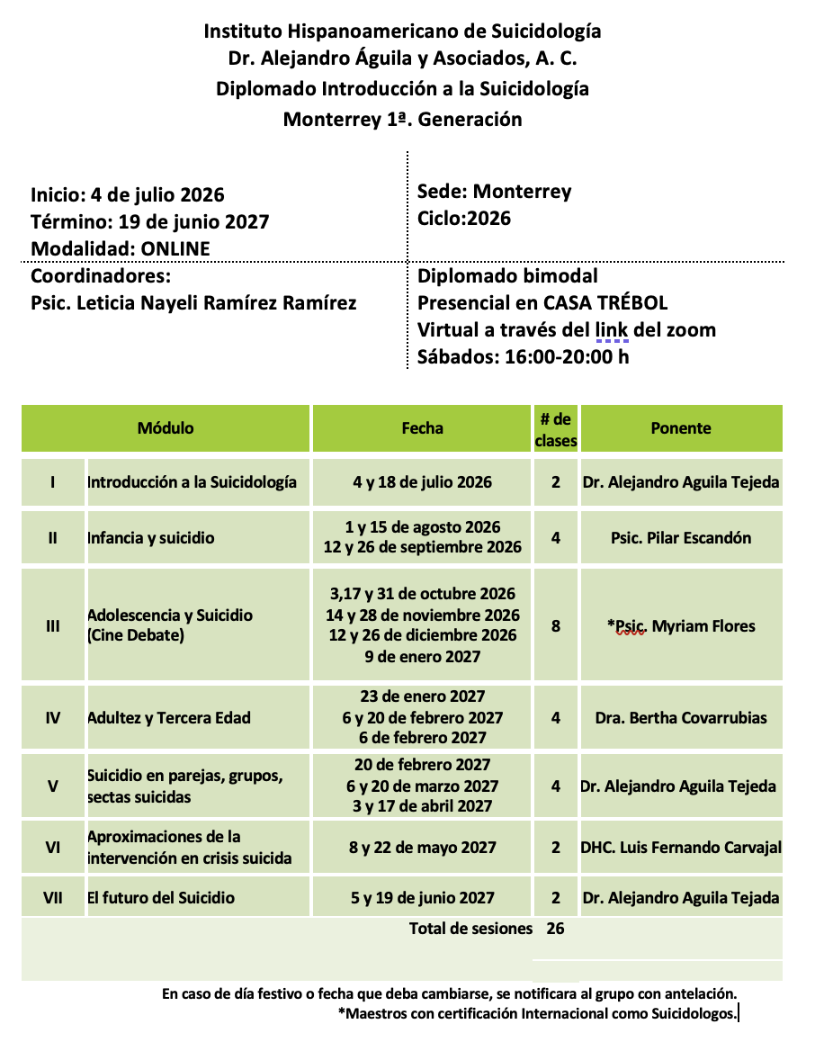 Cronograma Diplomado Introduccion a la Suicidologia Sede Monterrey