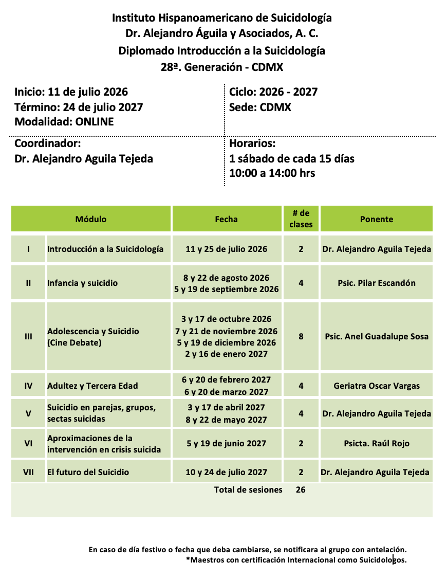 cronograma diplomado introduccion a la suicidologia sede CDMX